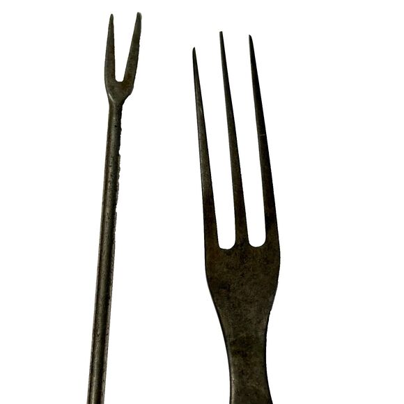 Vintage Swiss Fondue MCM Fork Set Wood Handle 50s 60s 3-Prong 2-Prong Lid Lifter - Picture 3 of 3